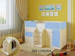 Кровать-чердак Малыш-4 Дуб молочный/Голубой в Камне-на-Оби - kamen-na-obi.katalogmebeli.com | фото