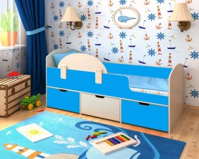 Кровать Малыш-мини с бортиком Дуб молочный/Голубой в Камне-на-Оби - kamen-na-obi.katalogmebeli.com | фото